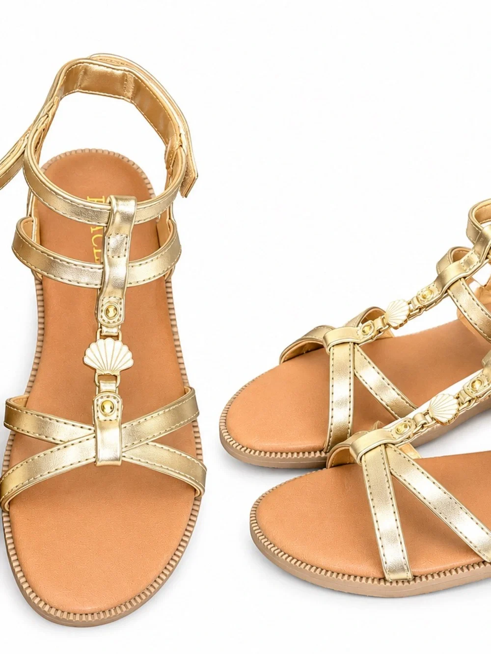 The Children's Place Gold Metallic T-Strap Sandals with Shell Accent